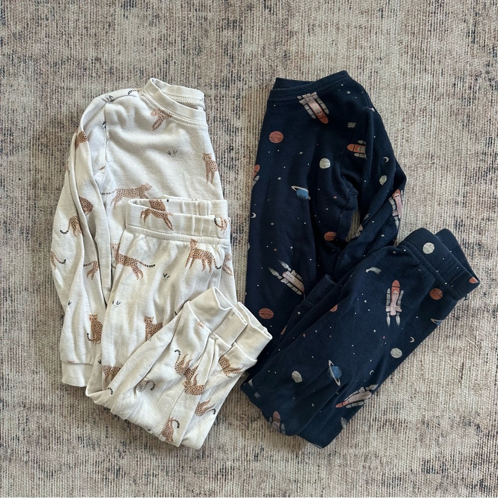 100% Cotton Petit Lem 2T Pajamas Sets- Cheetah & Spaceships—glow in the dark!
